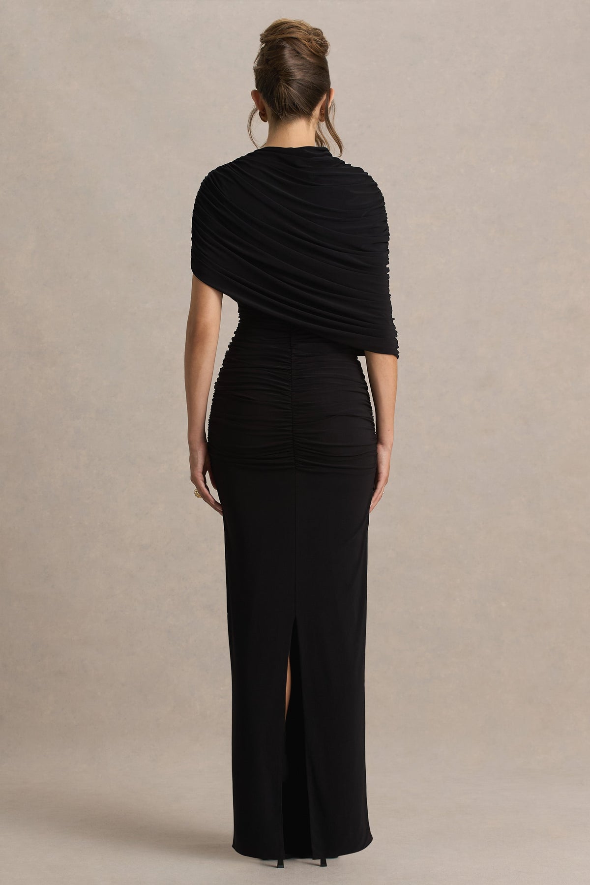 Glitz | Black High-Neck Maxi Dress With Cape Sleeve and Ruched Detail
