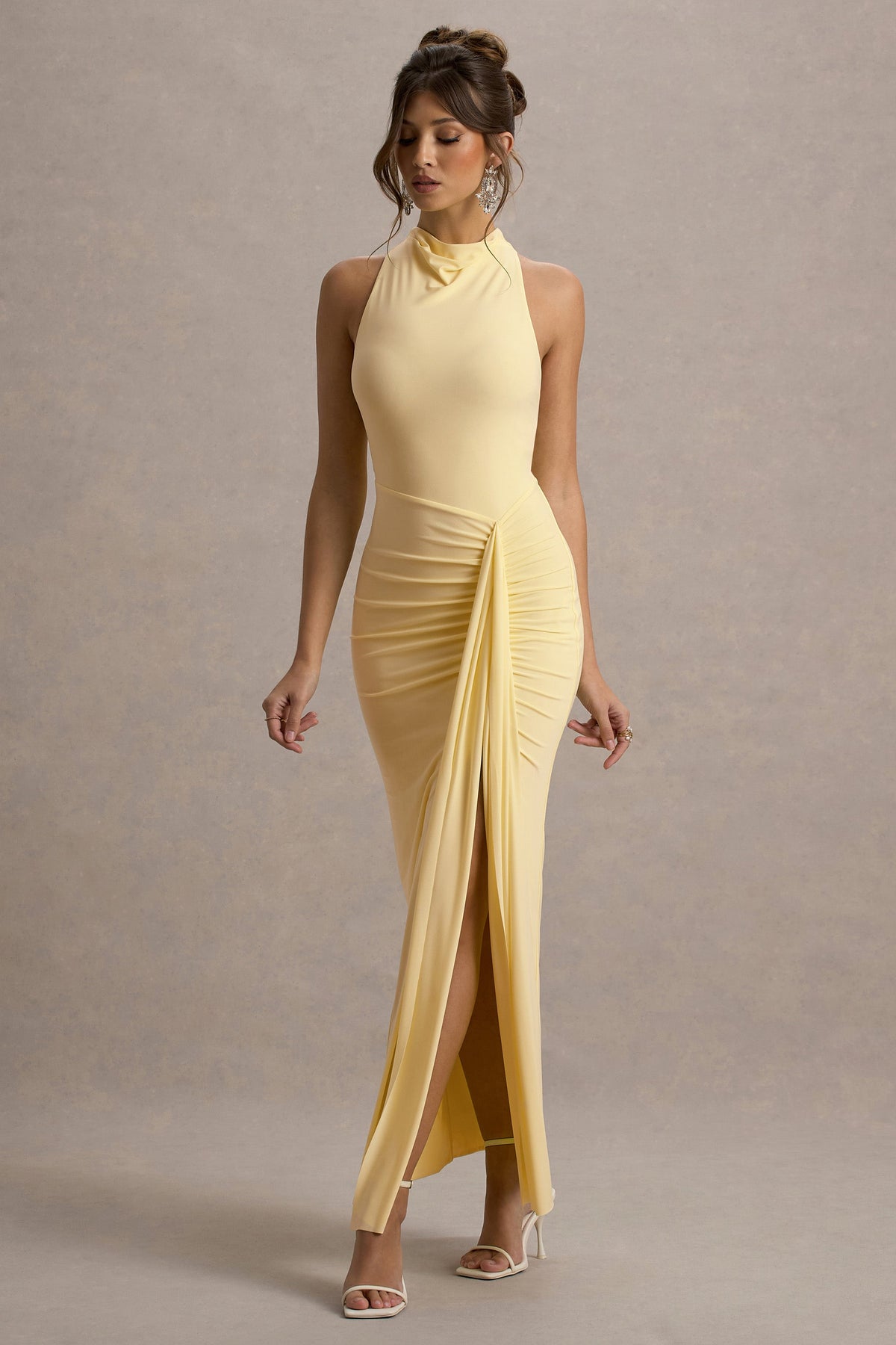 Sunflower | Pale Lemon Jersey Cowl Maxi Dress With Gathered Detailing And Split
