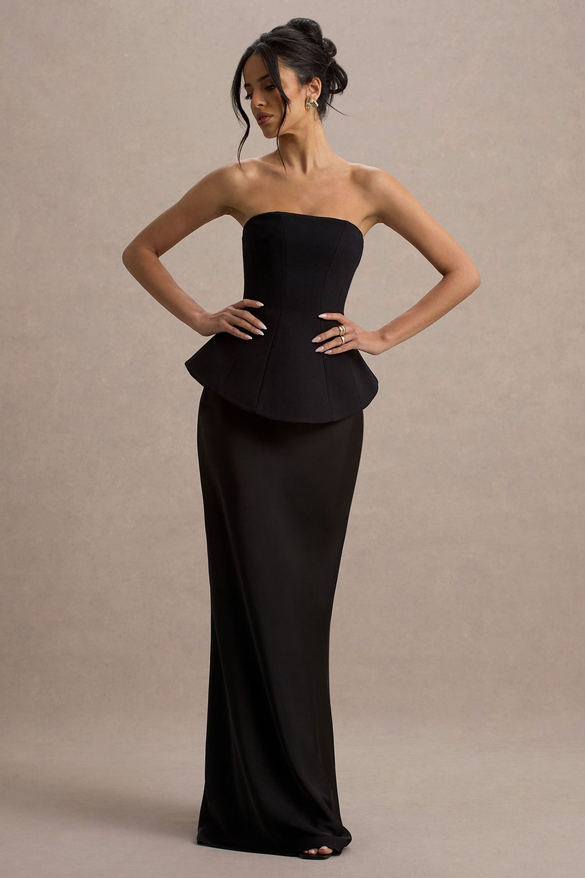 Ohio | Black Bandeau Maxi Dress With Satin Skirt And Corset