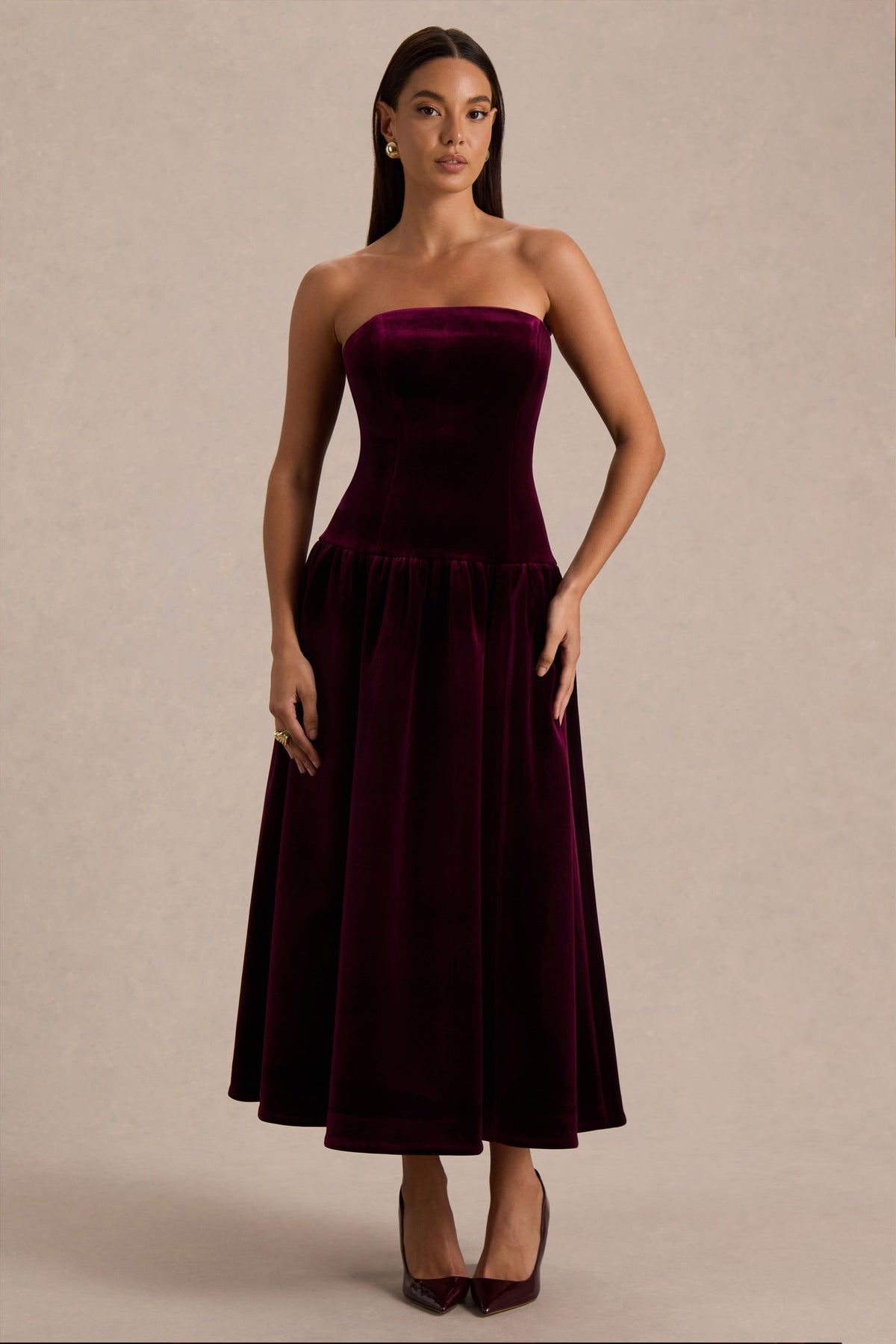 Violetta | Burgundy Velvet Bandeau Midi Dress With Drop-Waist And Gathered Skirt