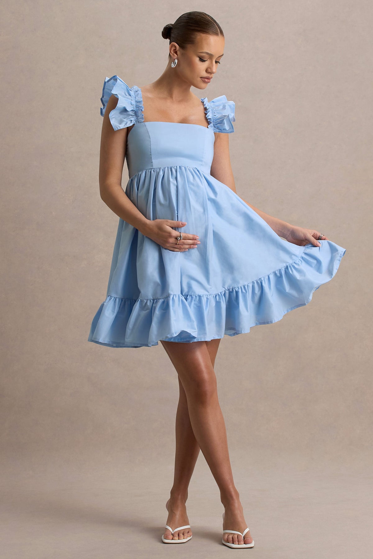 Dolly Daze | Powder Blue Ruffle Sleeve Babydoll Maternity Mini Dress