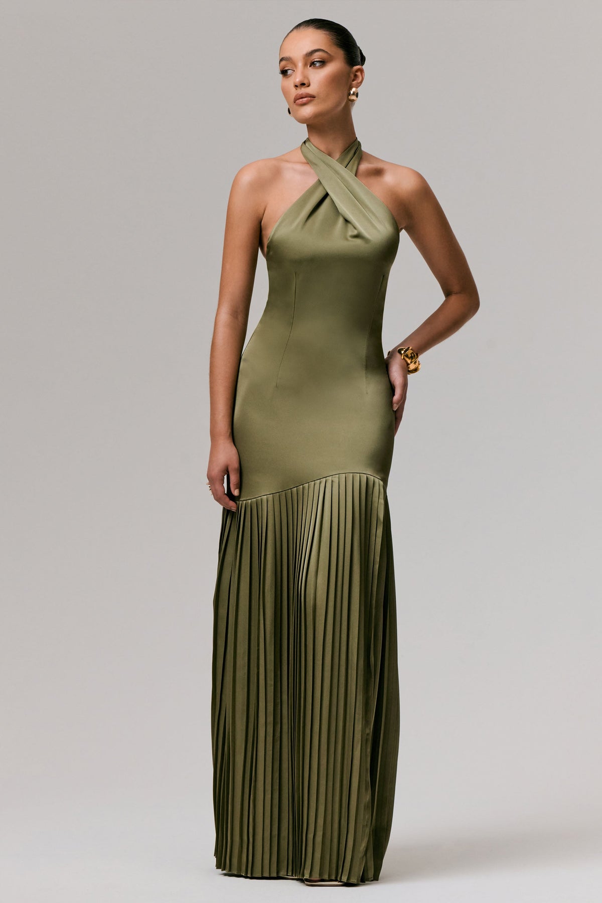 Sansa | Khaki Satin Cross Halter-Neck Plisse Maxi Dress