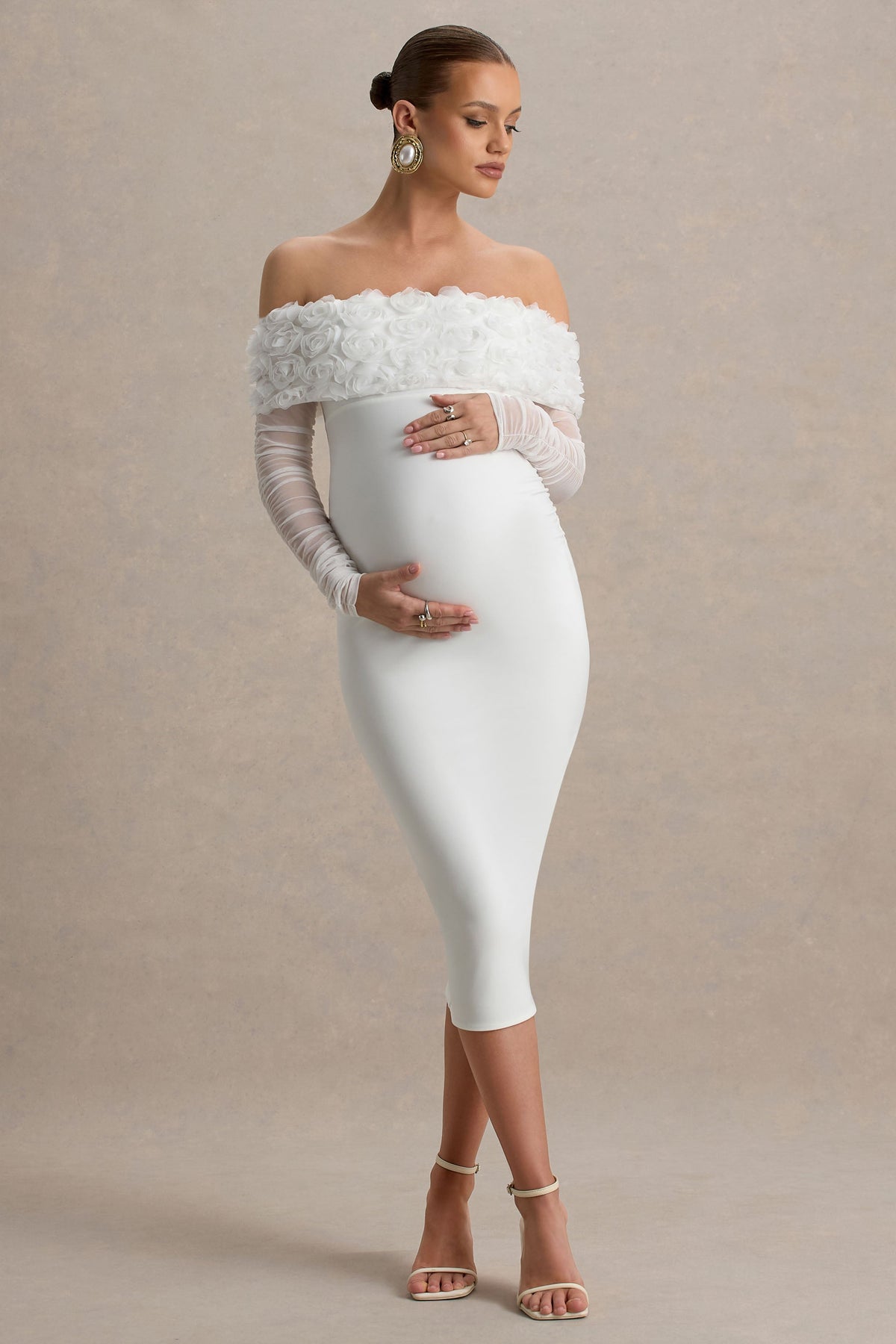 Adita | White Mesh Floral Bardot Maternity Midi Dress