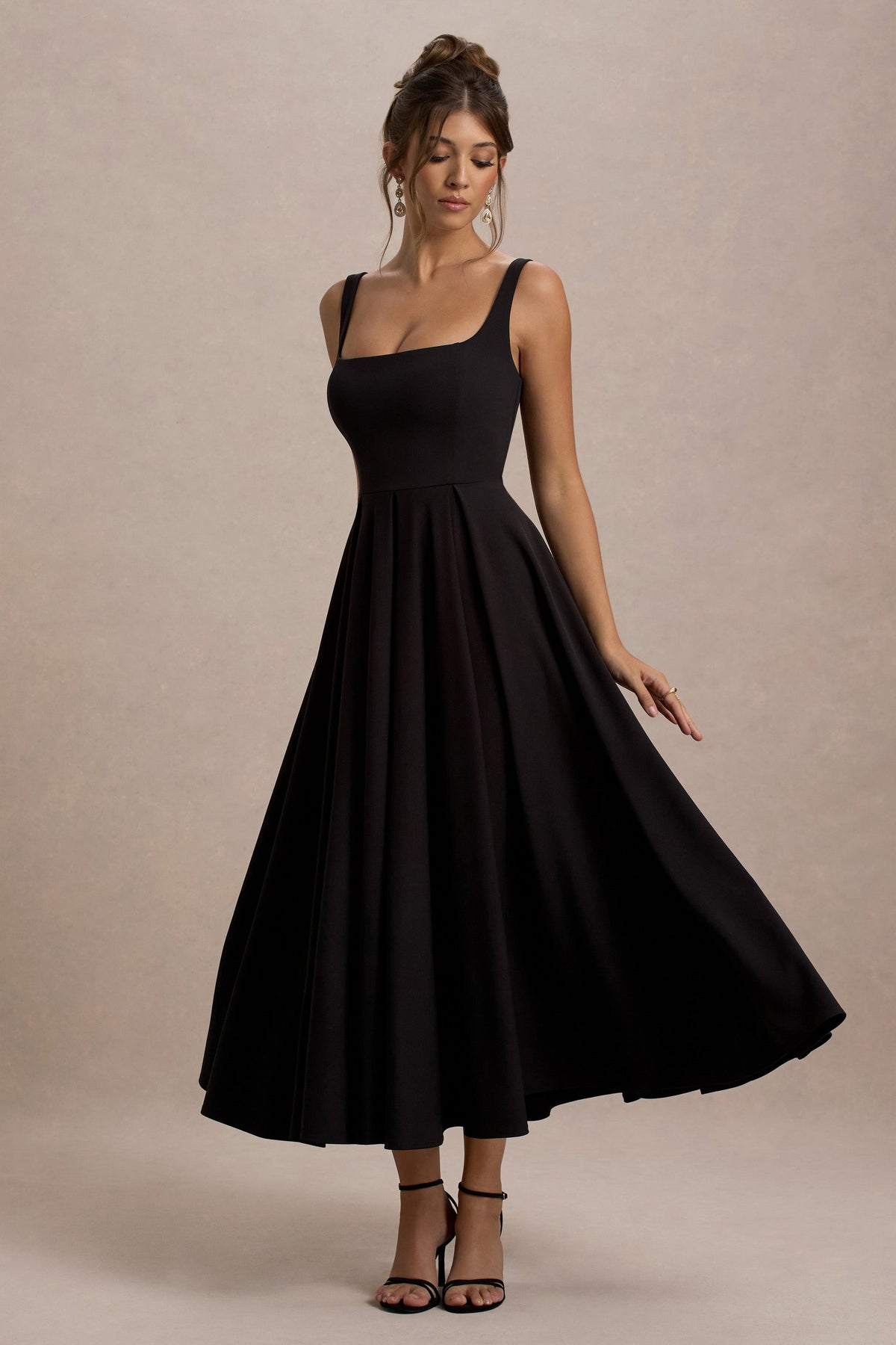Parina | Black Scuba Square Neck A-Line Midi Dress