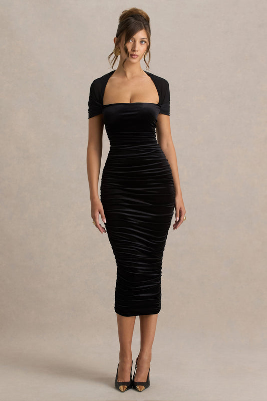 Chrissy | Black Velvet Square-Neck Midi Dress With Mesh-Sleeves And Ruched Detailing