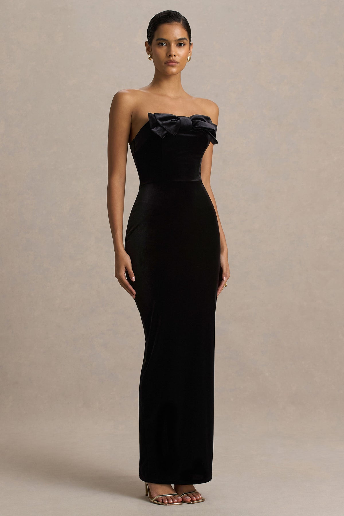 Illusion | Black Velvet Bandeau Maxi Dress With Bow Detail