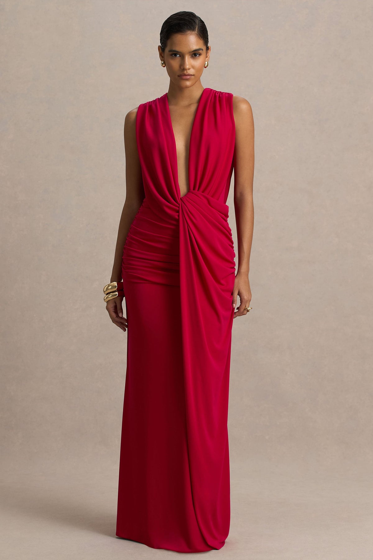 Serafina | Red Extreme-Plunge Maxi Dress With Ruched Detailing And Open-Back