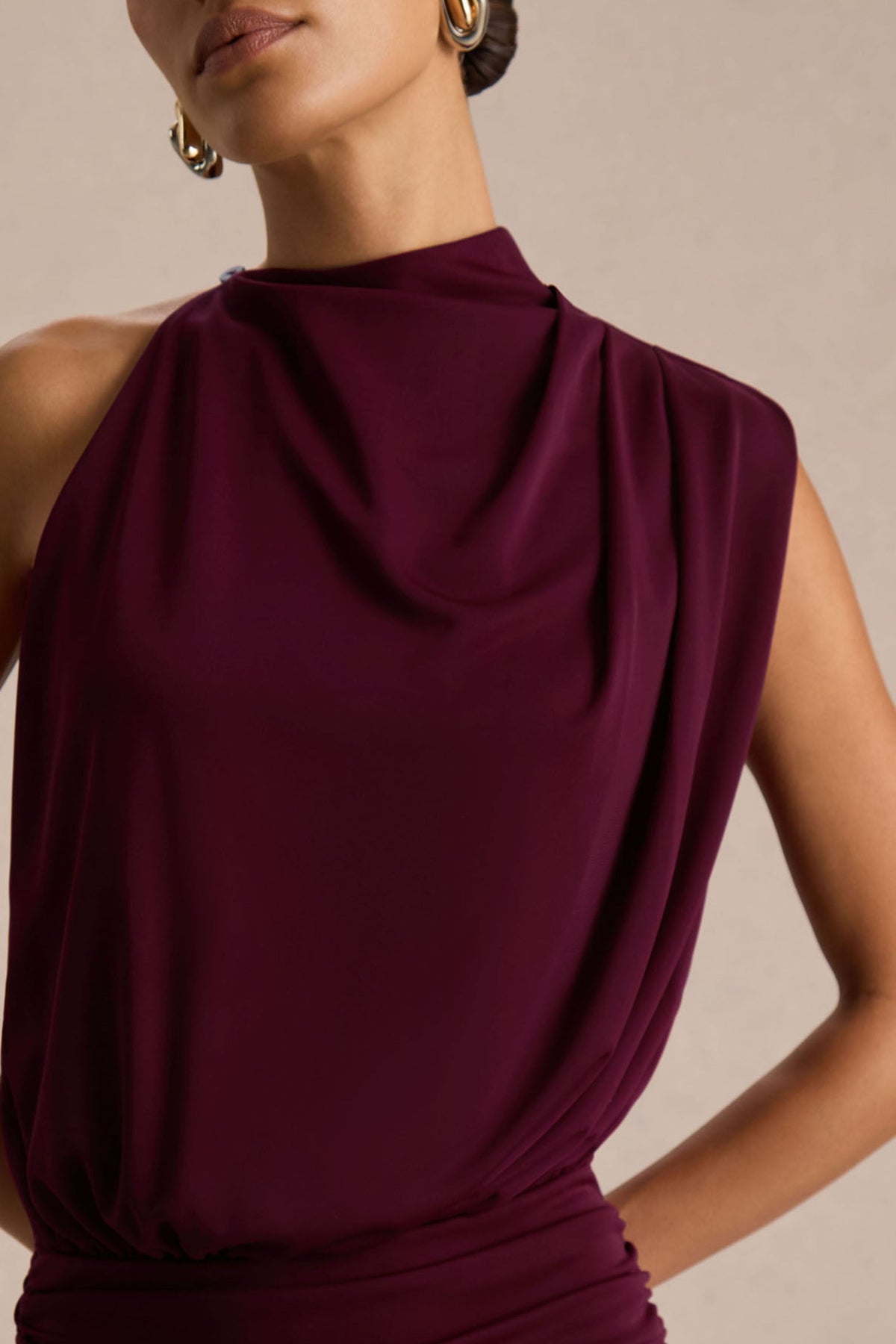 Umaira | Burgundy Ruched High Neck Maxi Dress With Draped Detailing
