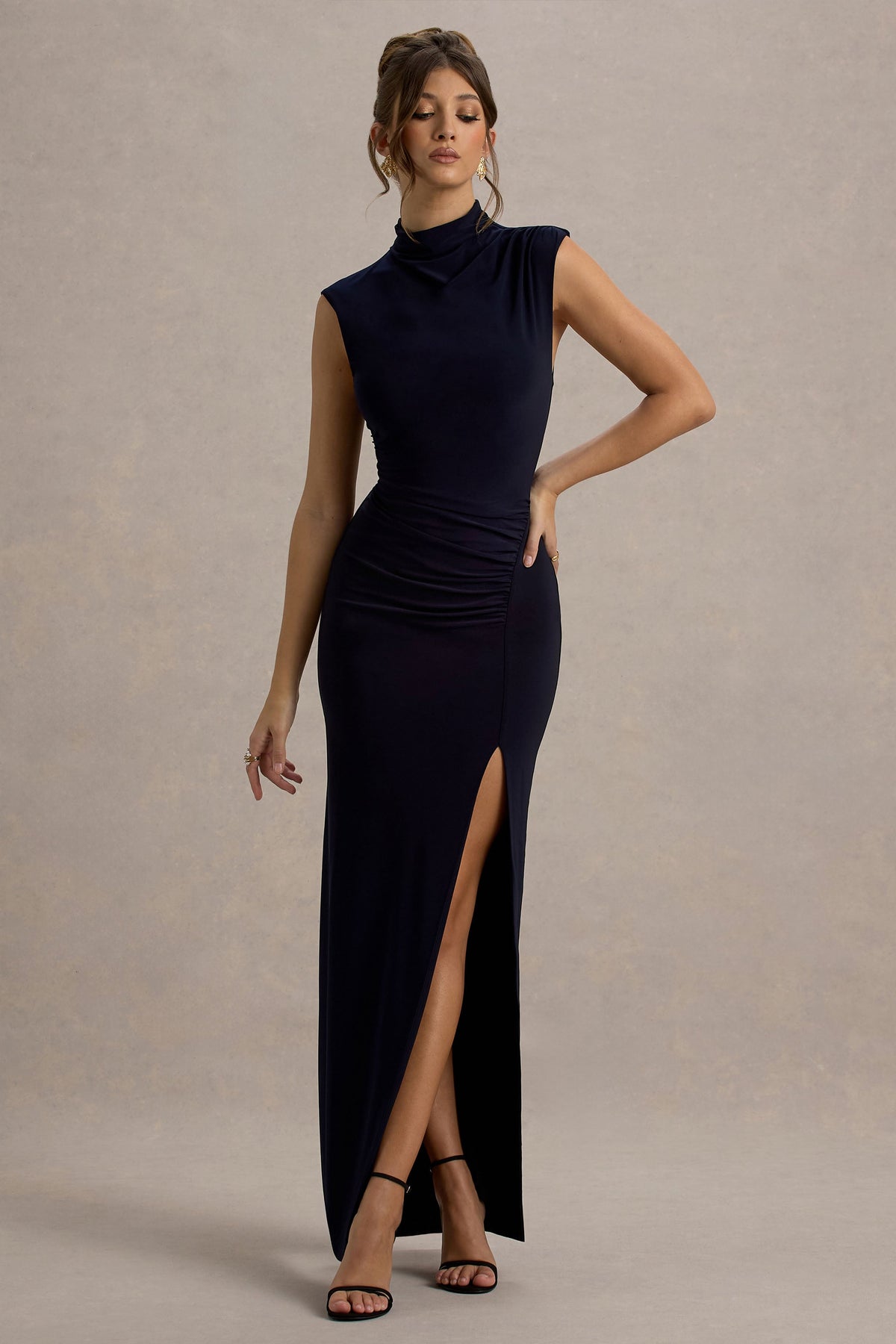 Lanetta | Navy Ruched High-Neck Maxi Dress With Split