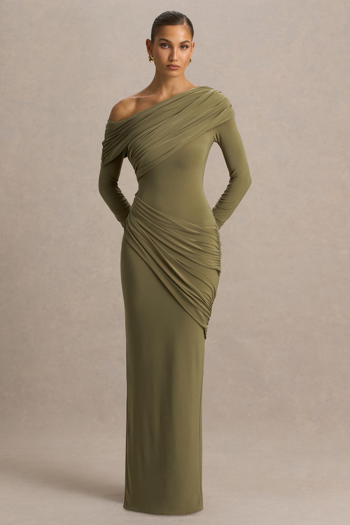 Perrie | Olive Asymmetric-Neck Maxi Dress With Ruched Detailing