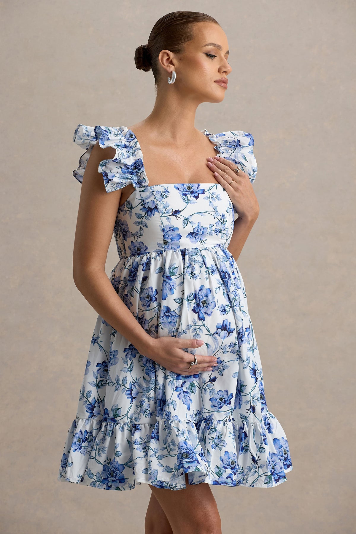 Dolly Daze | Blue Floral Print Ruffle Sleeve Babydoll Maternity Mini Dress