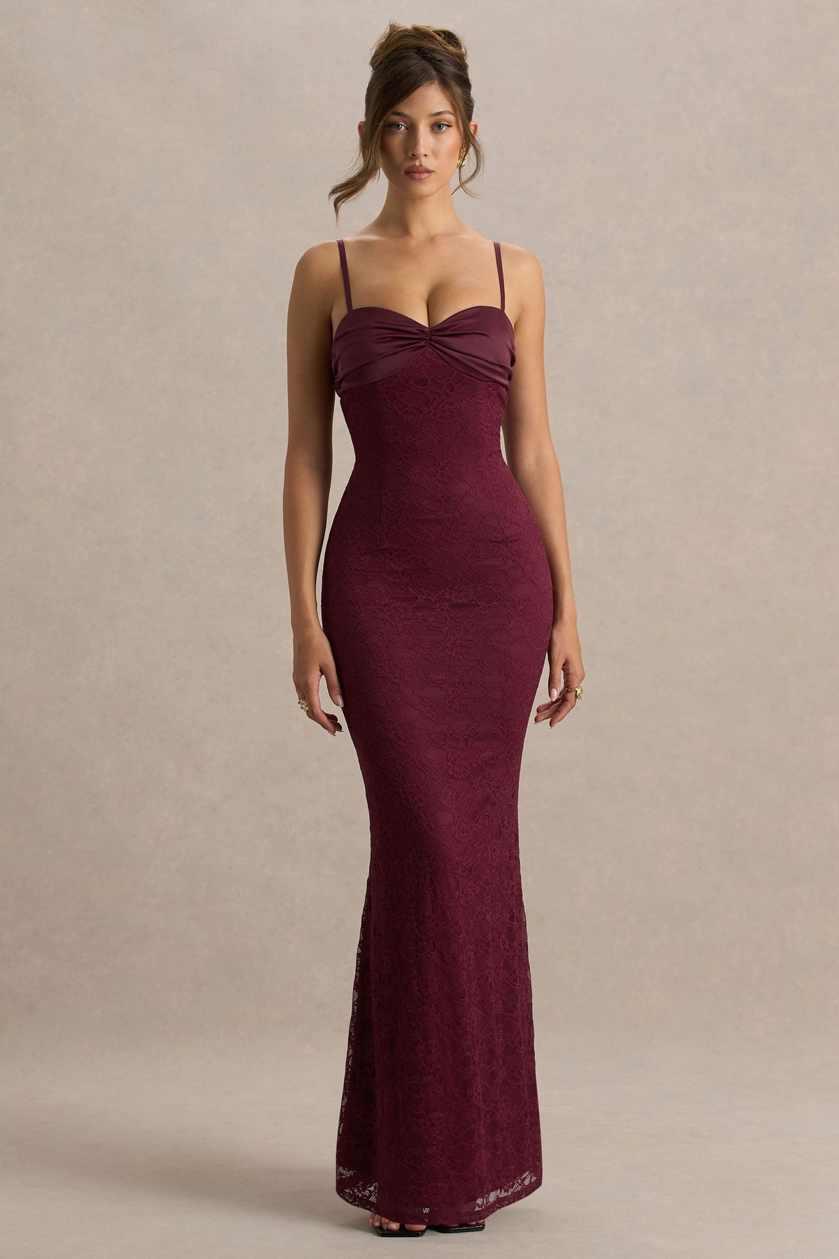 Juana | Burgundy Lace And Satin Sweetheart-Neck Satin Maxi Dress