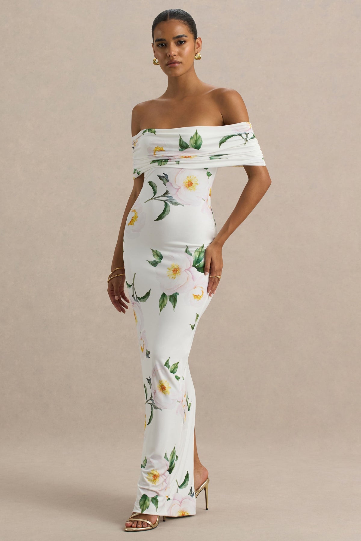 Capri | White Rose Print Bardot-Neck Maxi Dress With Ruched Detailing