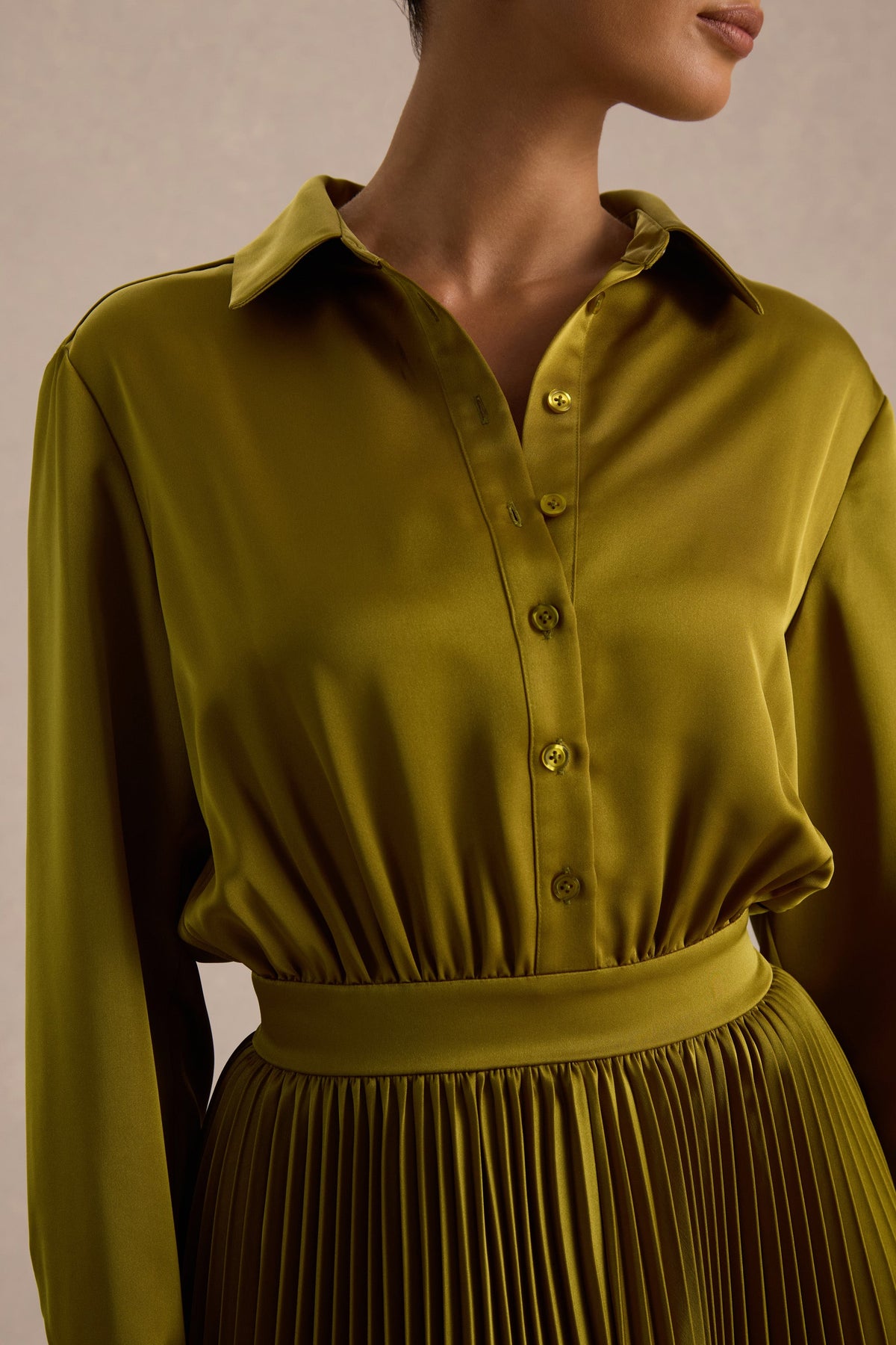 Naxos | Olive Satin Shirt Maxi Dress With Pleated Skirt