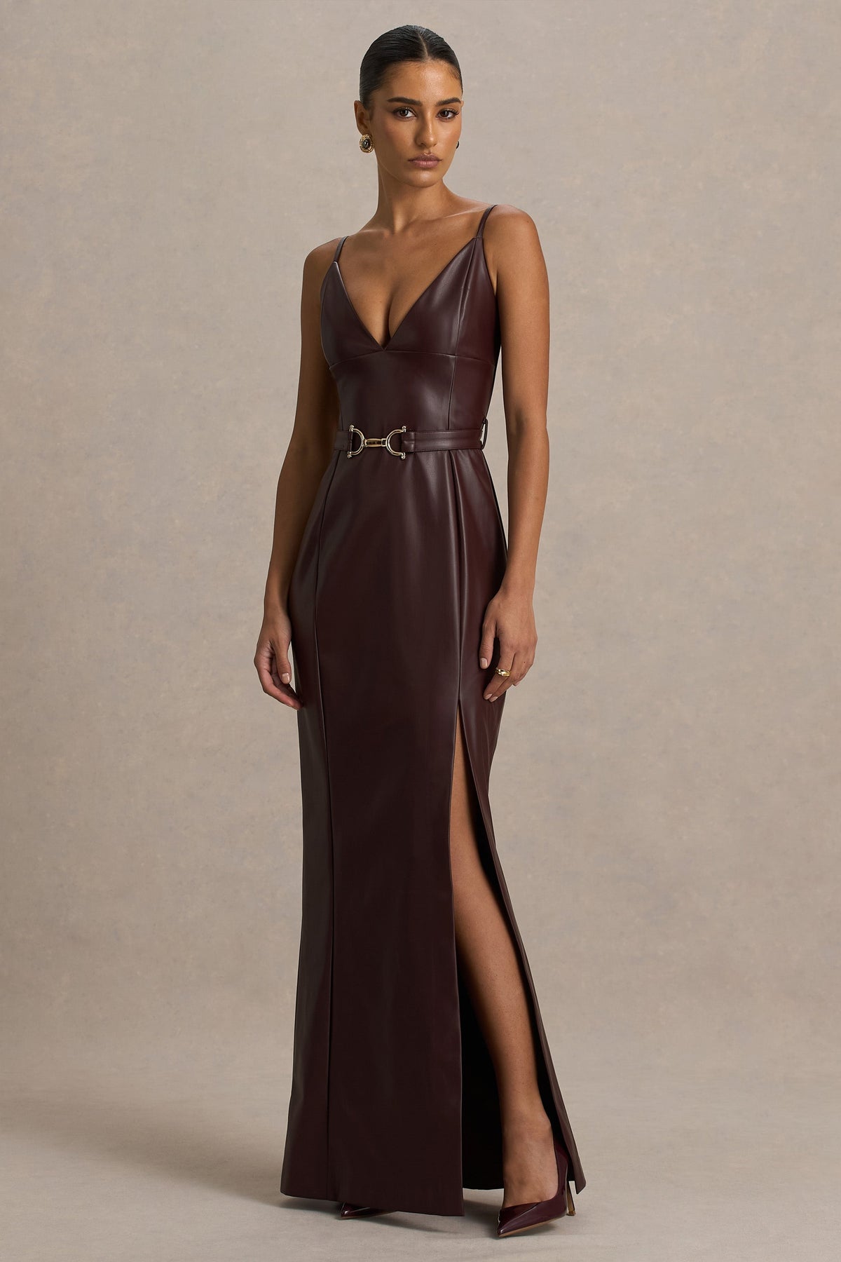 Lila | Burgundy Faux Leather Plunge-Neck Maxi Dress With Split