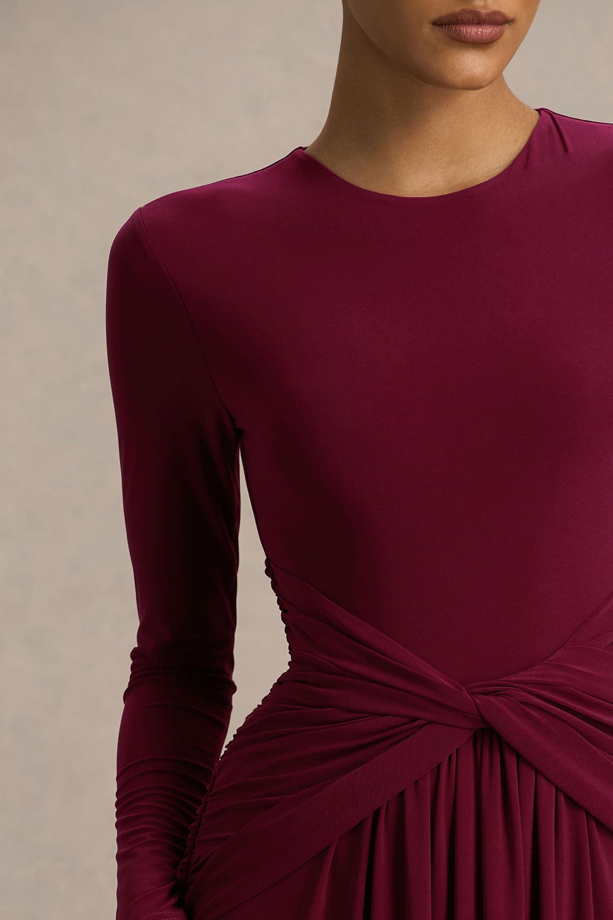 Estrella | Berry High-Neck Maxi Dress With Ruched Detailing