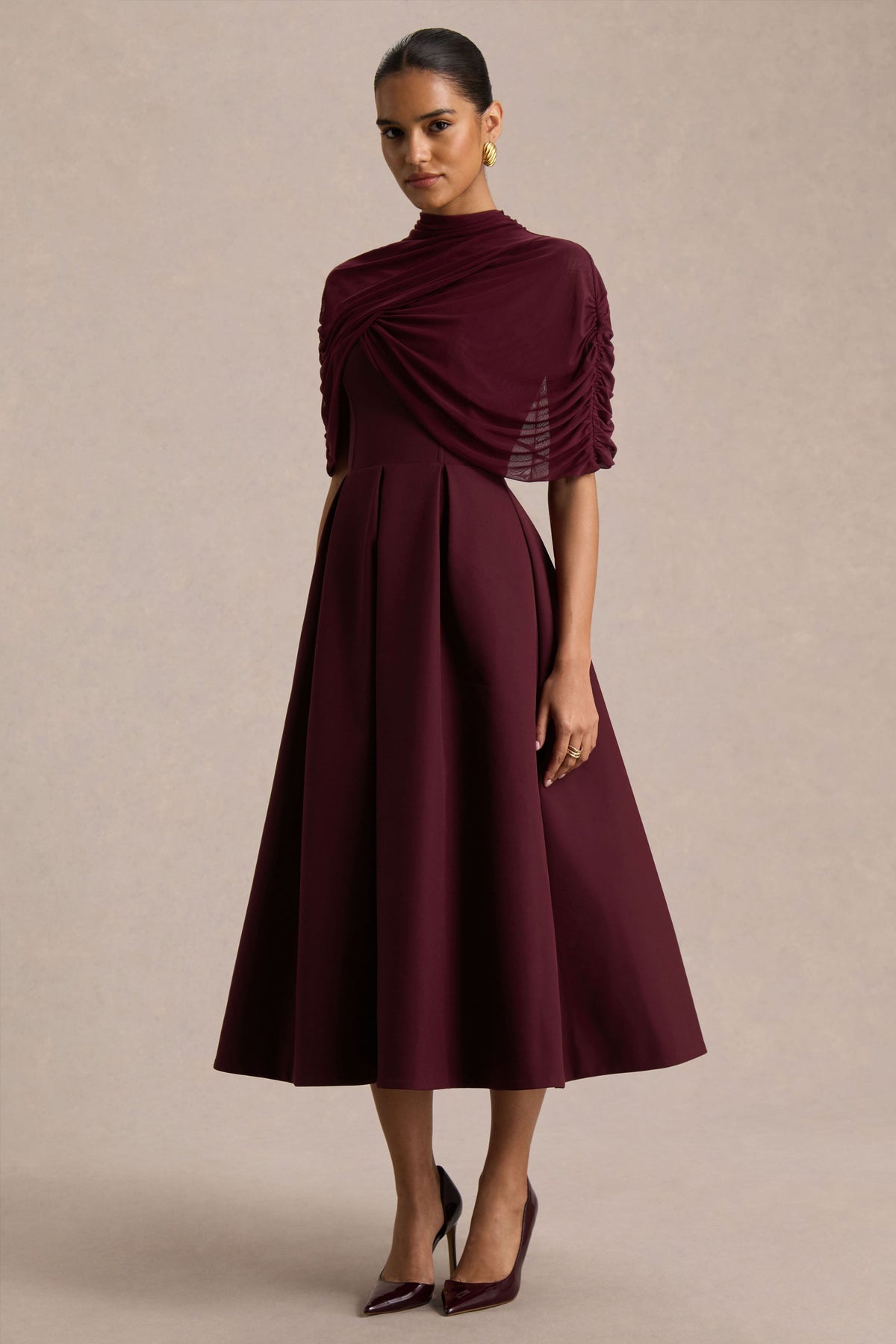 Thalia | Burgundy High-Neck Midi Dress With Sheer Mesh Cape