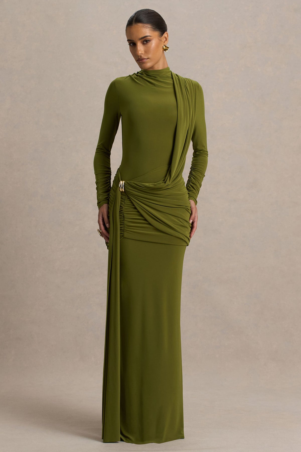 Melissa | Olive Long-Sleeve Wrap Maxi Dress With Draped Detailing