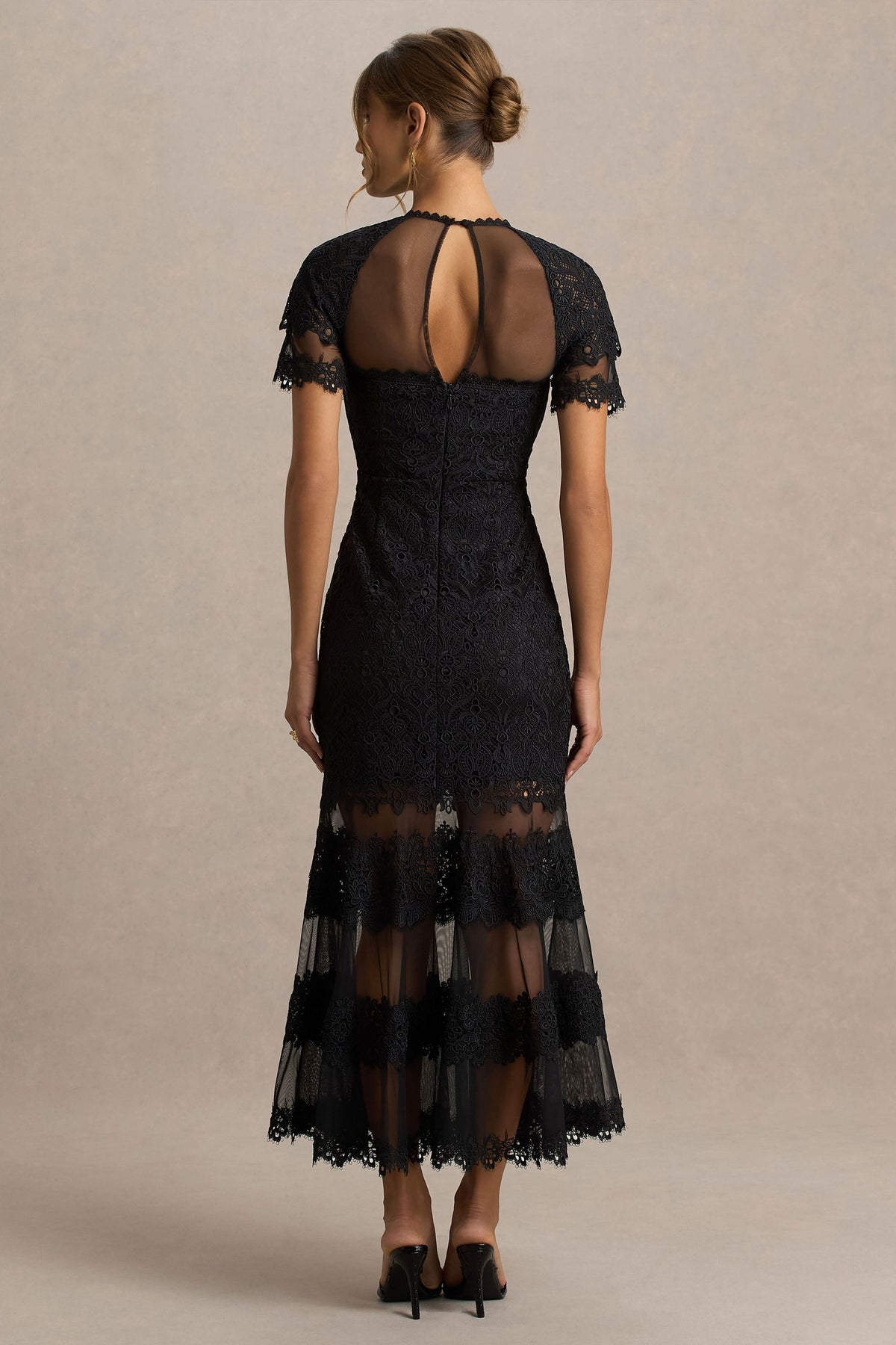 Leanne | Black Mesh And Lace Crew-Neck Fishtail Midi Dress
