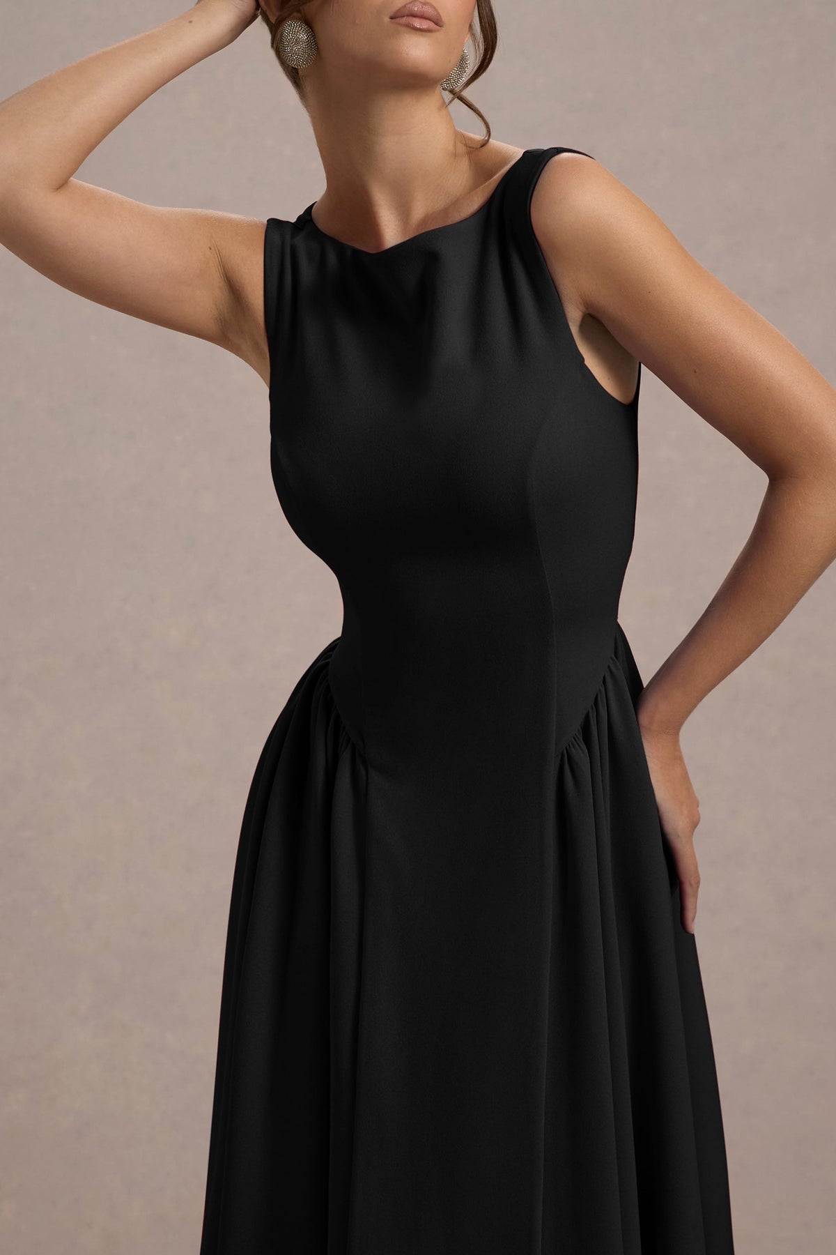 Muriel | Black Boat-Neck Volume-Hem Midi Dress