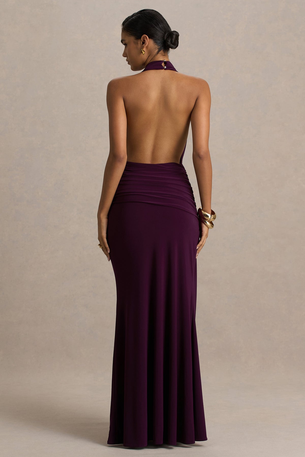 Tilly | Burgundy Jersey Ruched Plunge Wrap Maxi Dress With Open Back And Split