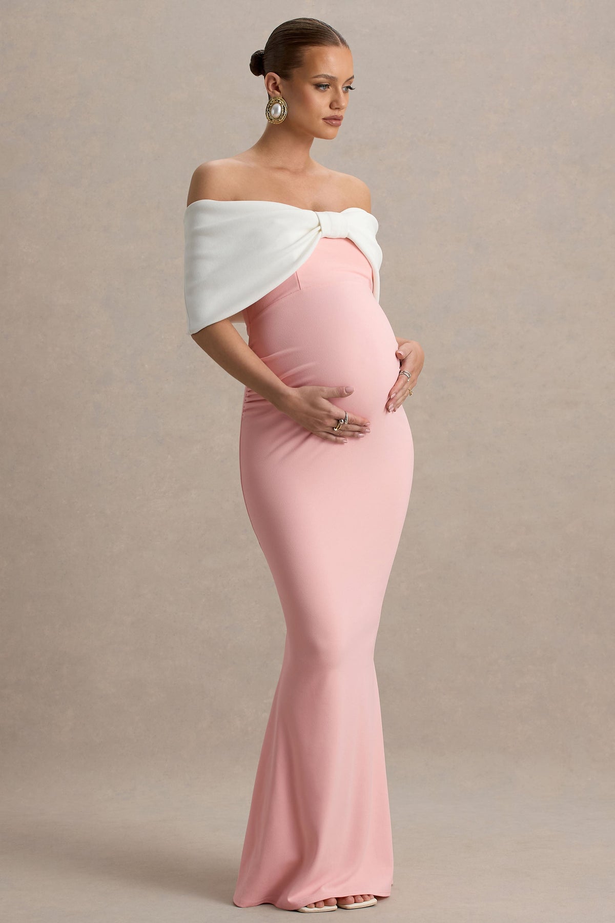 Libra | Pink & White Bow Bardot Maternity Maxi Dress