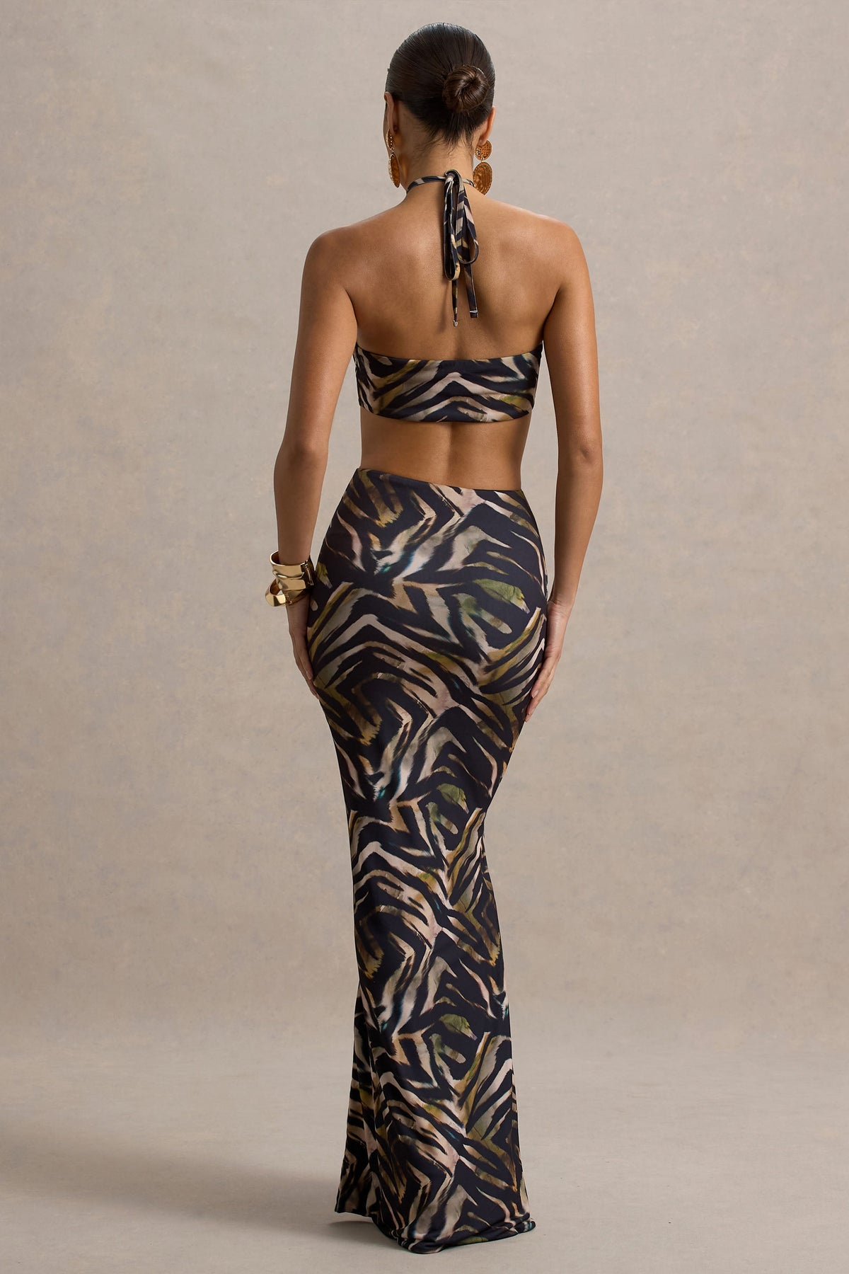 Olina | Zebra Print Halter-Neck Cut-Out Maxi Dress