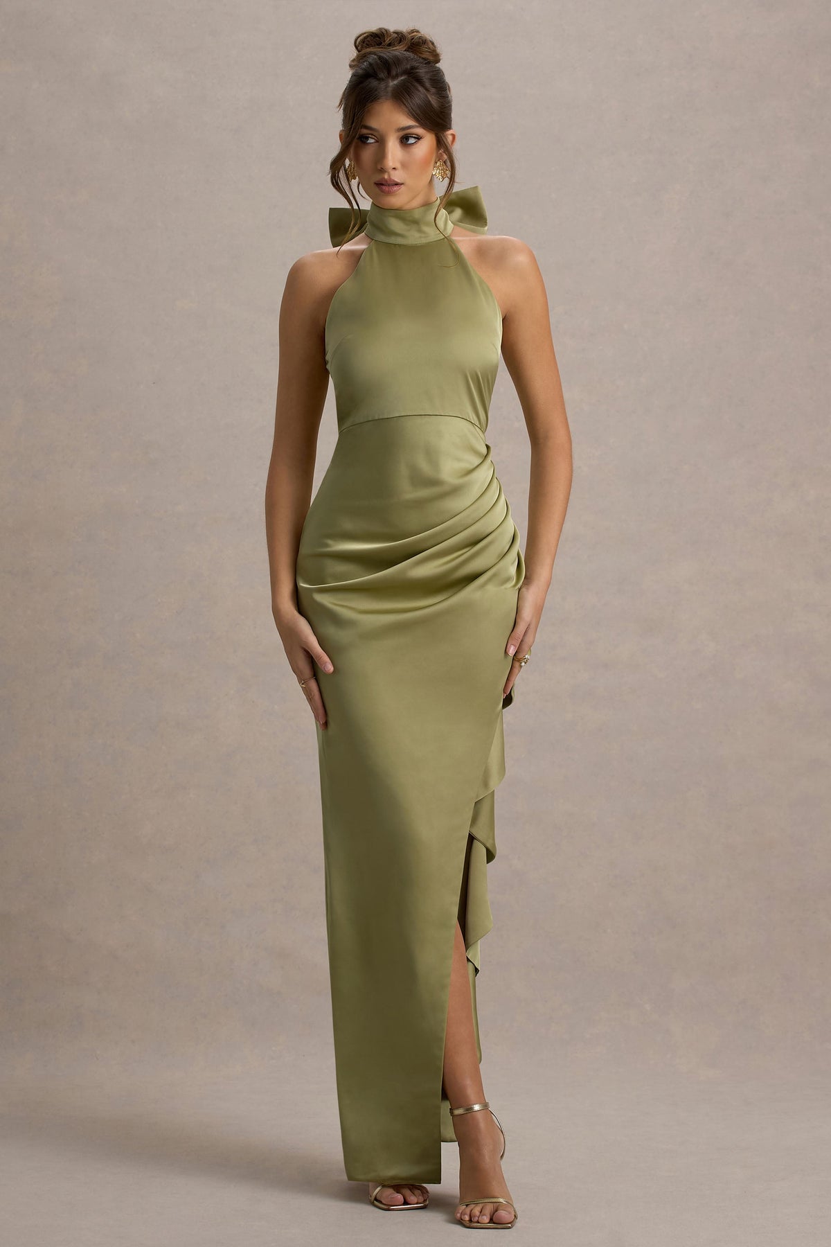 Maureen | Light Green Satin High-Neck Draped Maxi Dress