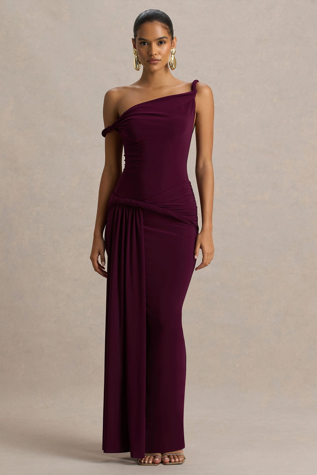 Tulisa | Burgundy Asymmetric-Neck Maxi Dress With Twist Sleeves And Ruched Detailing