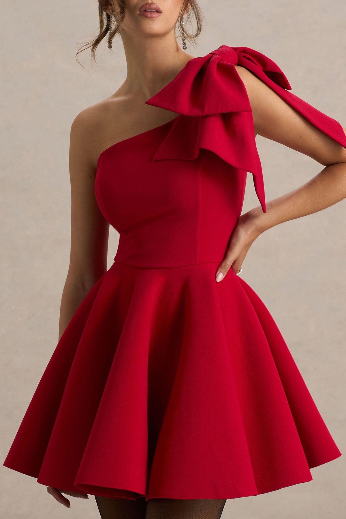 Prosperity | Red Asymmetric-Neck Mini Dress With Bow Detail
