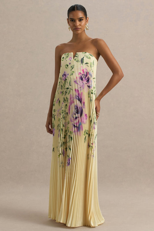 Bergamot | Lemon Rose Print Satin Sweetheart Maxi Dress