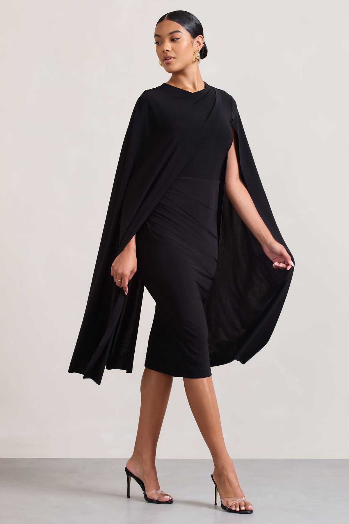 Marysol | Black Asymmetric Cape Midi Dress