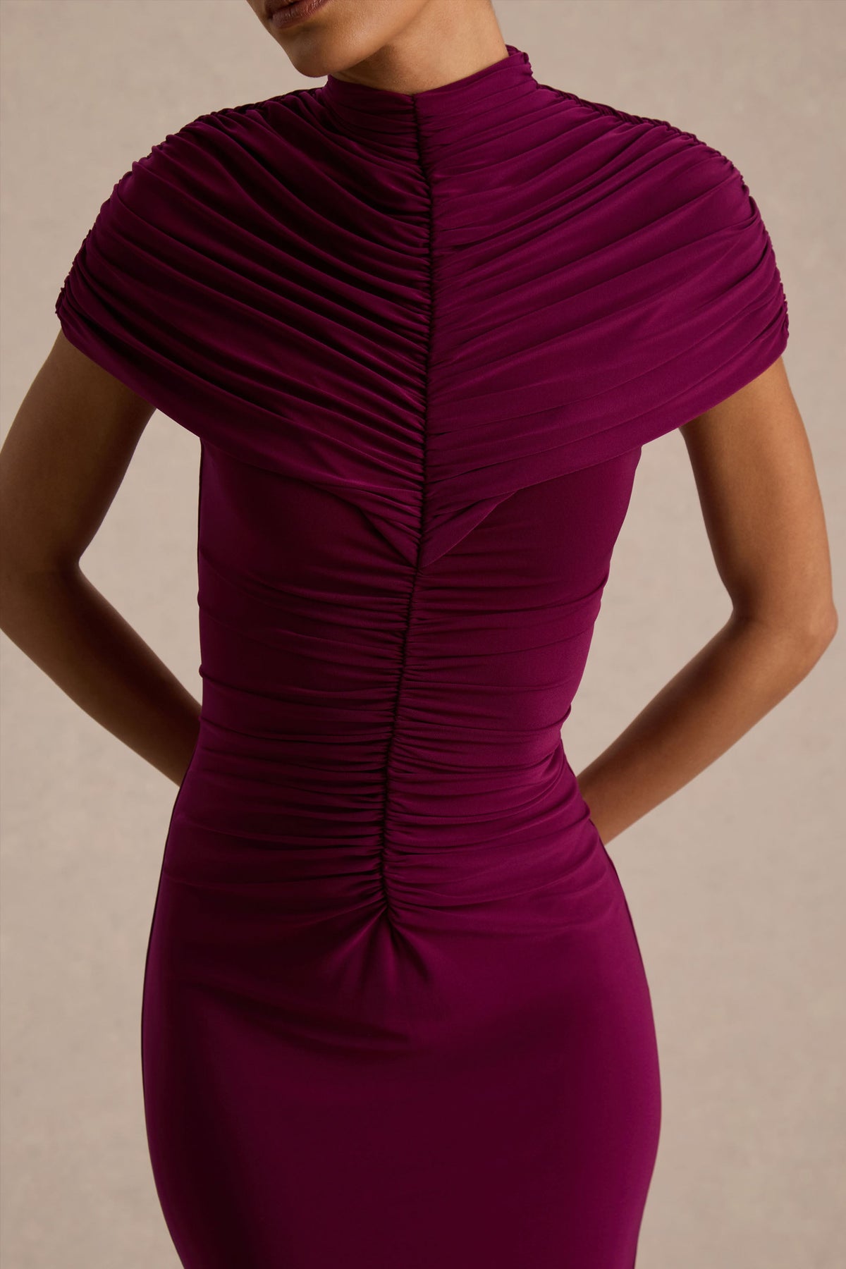 Azaria | Burgundy High-Neck Maxi Dress With Ruched Detailing