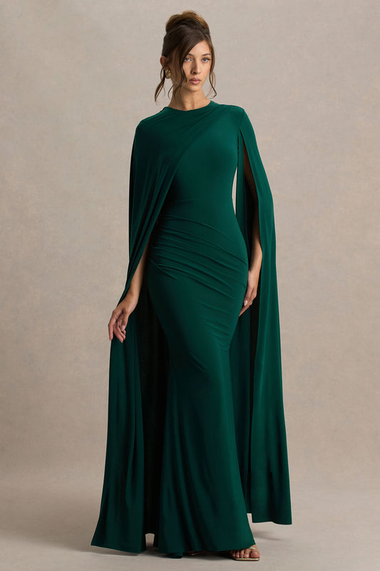 Magdelena | Bottle Green Asymmetric Cape Maxi Dress