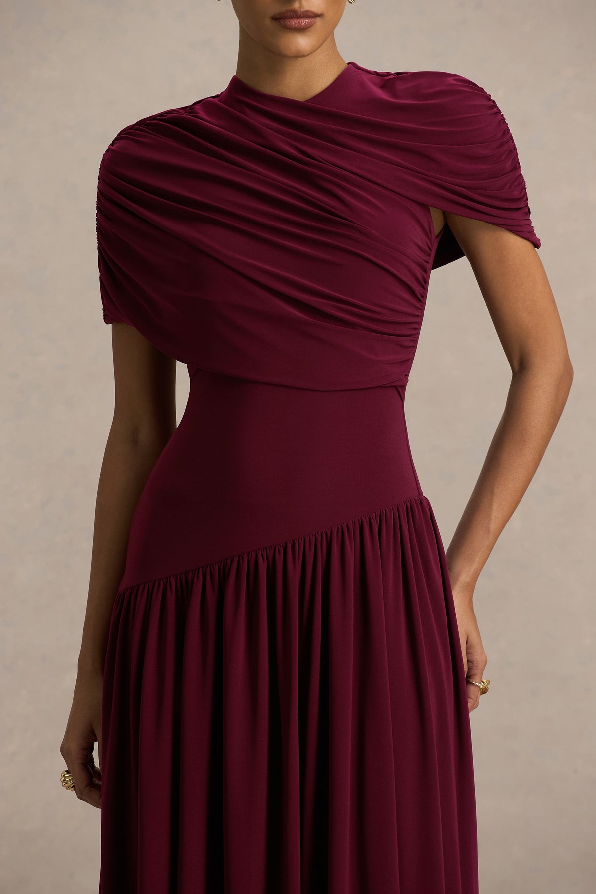 Ione | Burgundy Wrapped Midi Dress With Hanky Hem