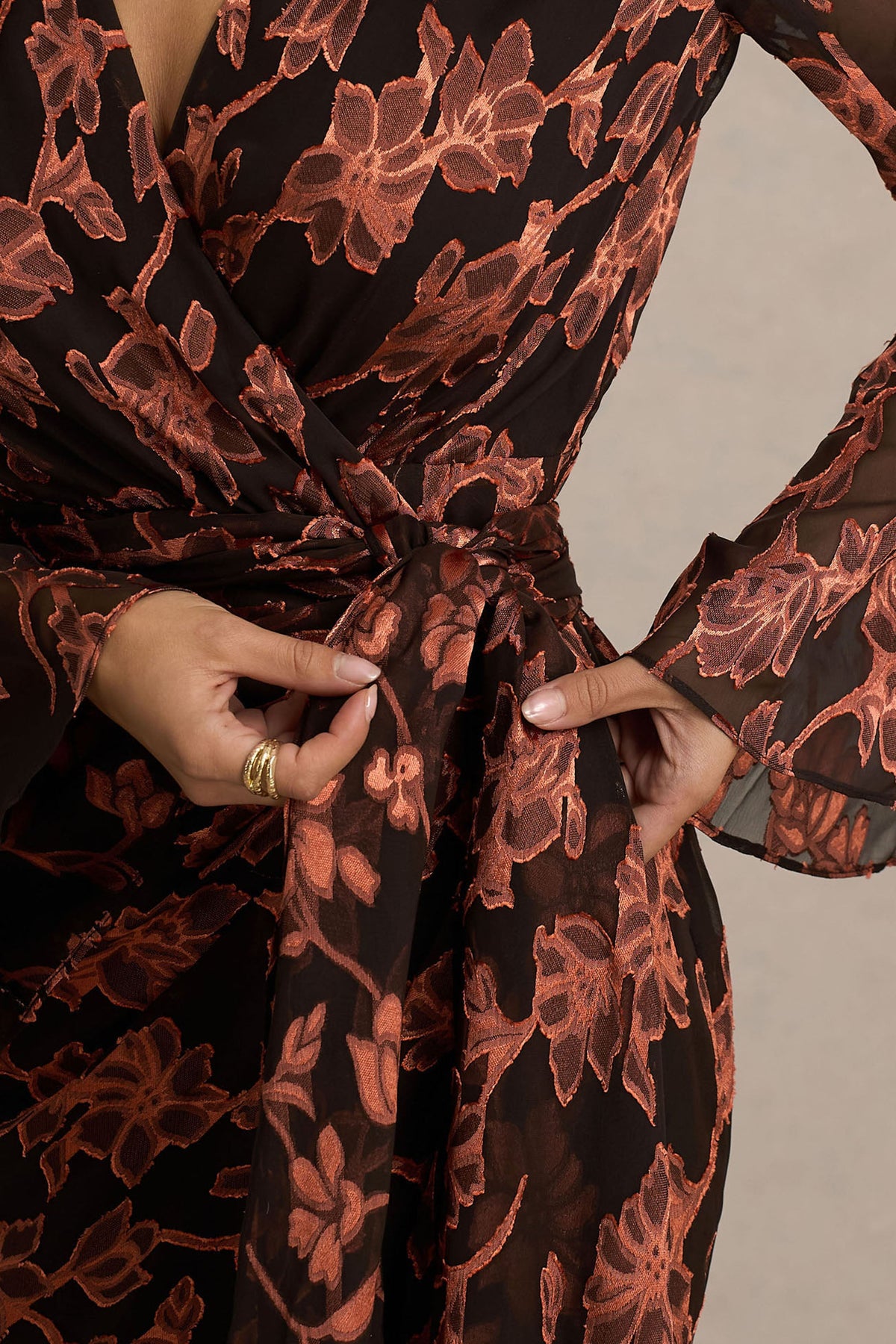 Lindsey | Black And Rust Plunge-Neck Wrap Mini Dress With Bell Sleeves And Sash Detail