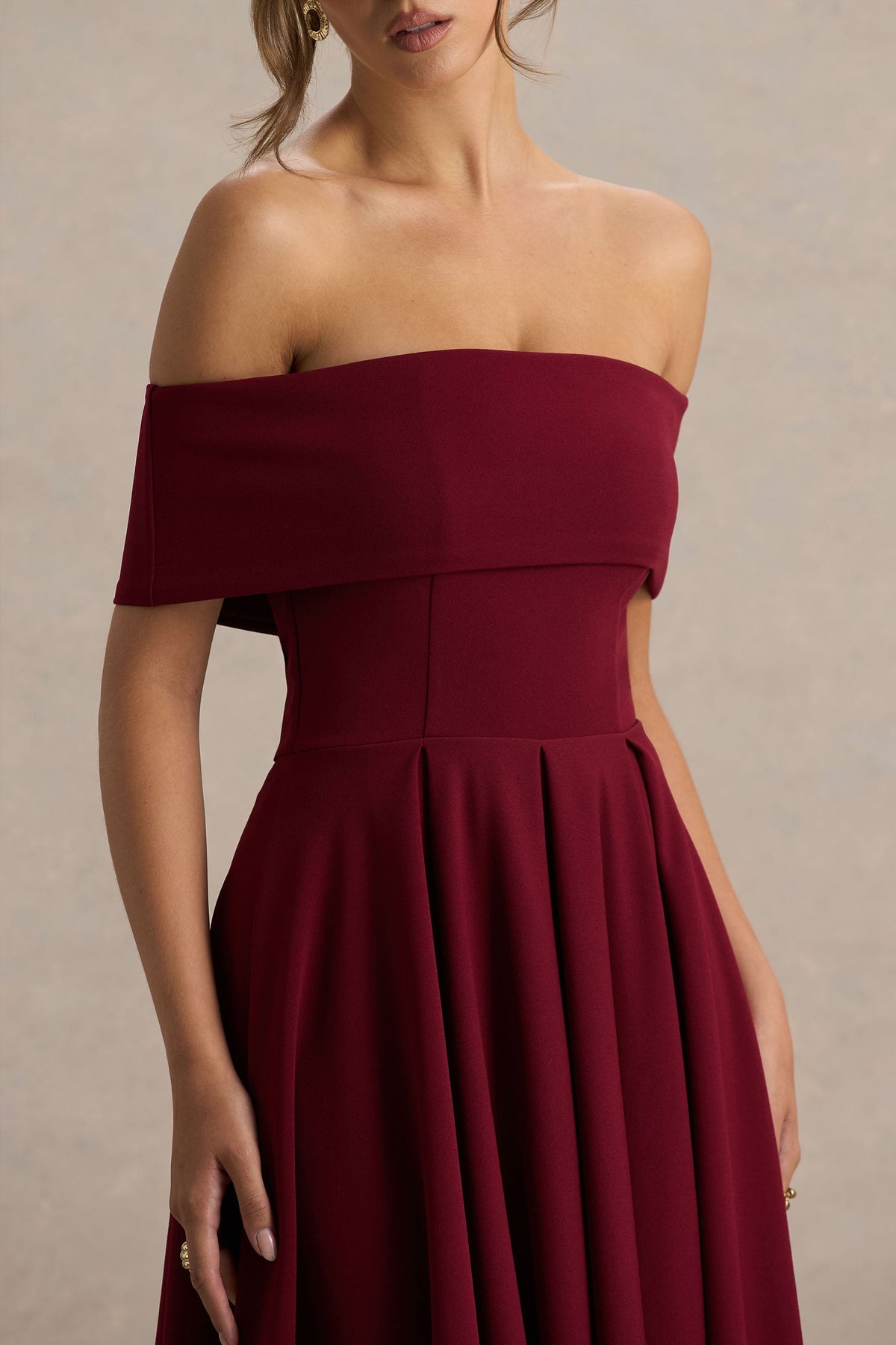 Isabella | Burgundy Bardot-Neck Midi Dress