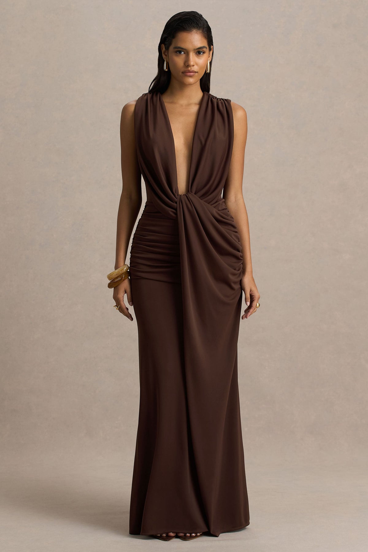 Serafina | Chocolate Extreme-Plunge Neck Maxi Dress With Wrap And Ruched Details