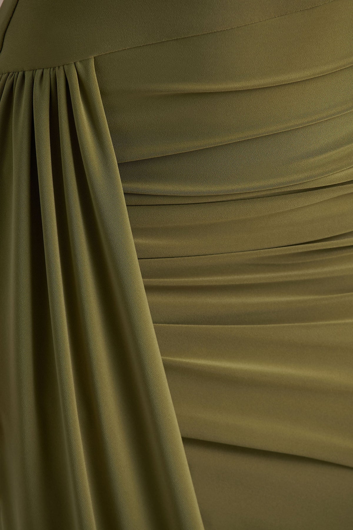 Enchant | Olive Asymmetric Twisted Cape Midi Dress