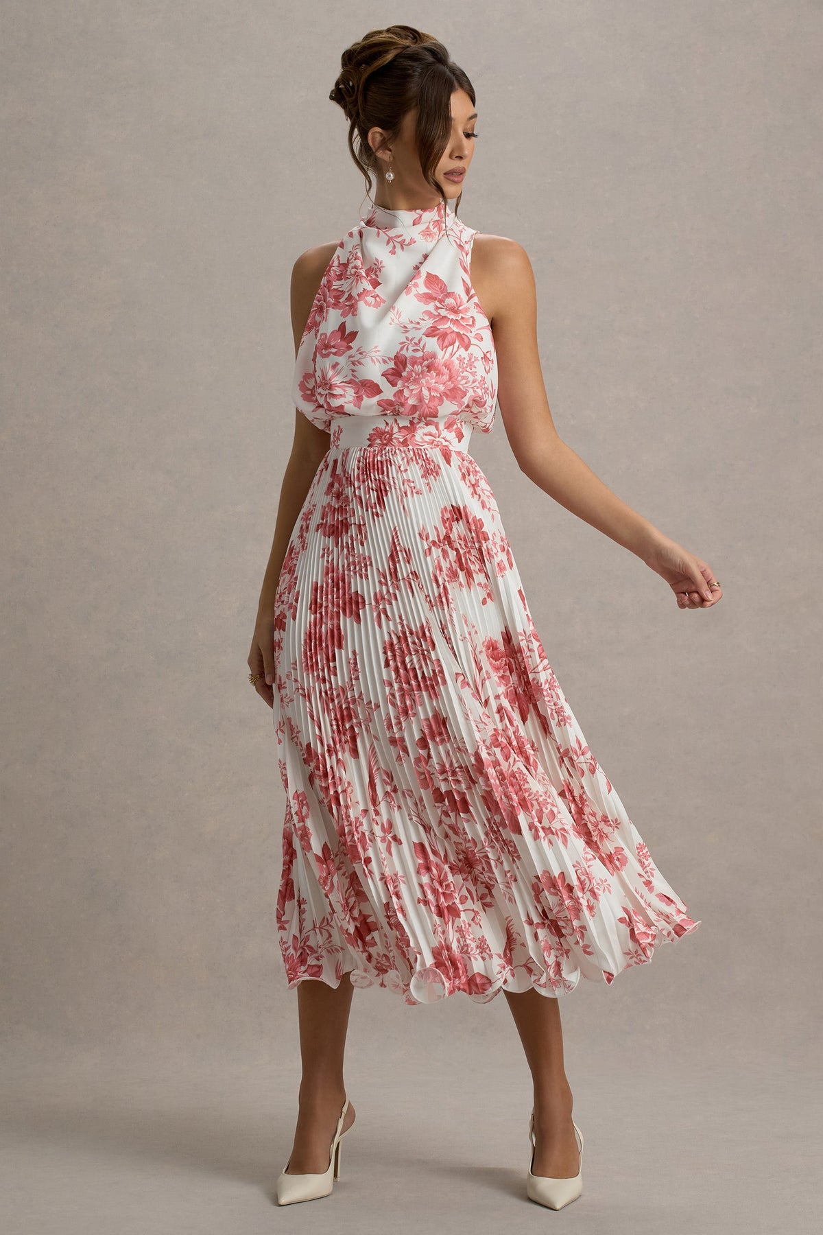 Nila | Pink Porcelain Print Cowl-Neck Midi Dress With Plisse Skirt