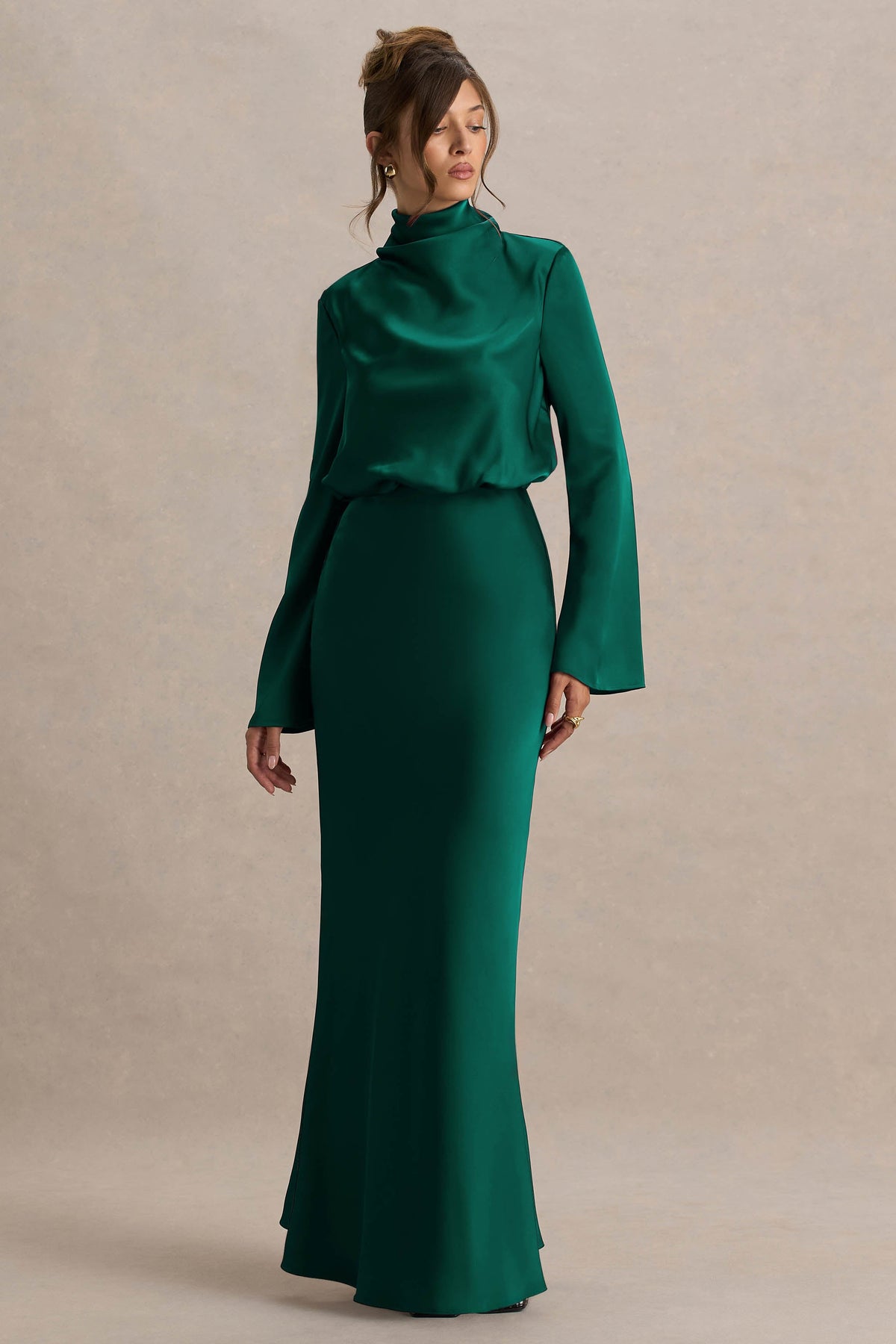 Celina | Bottle Green Satin High-Neck Maxi Dress