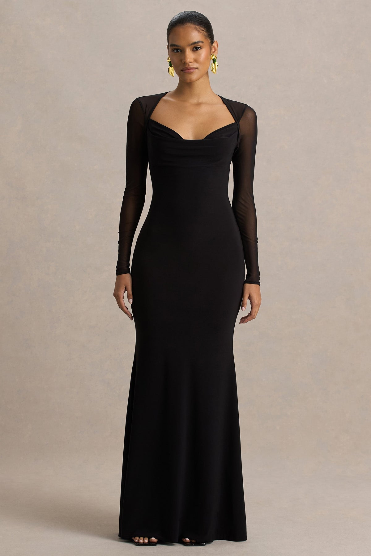 Bethan | Black Cowl-Neck Maxi Dress With Mesh Sleeves And Open-Back