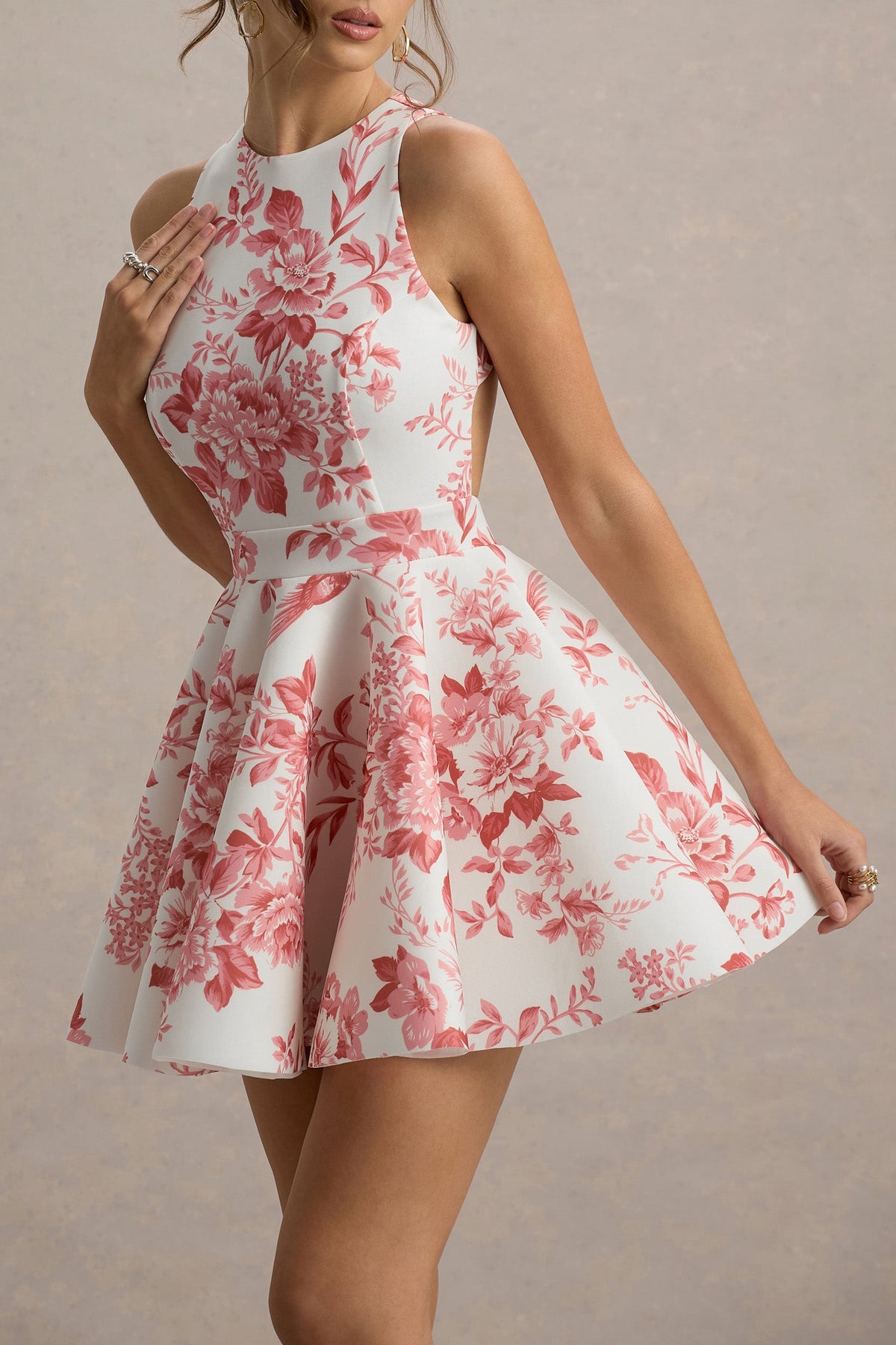 Waverly | Pink Porcelain Print Racer-Neck Sleeveless Skater Mini Dress