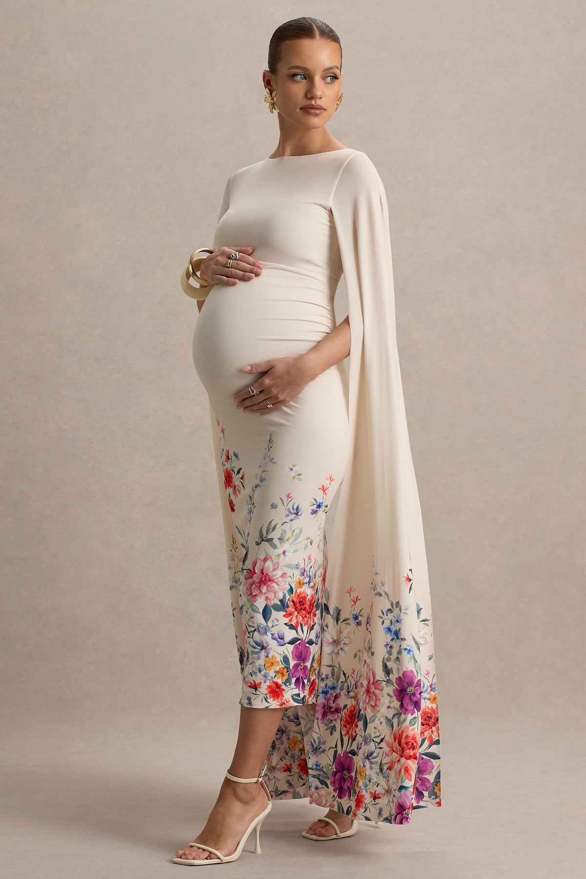 Providence | Light Pink Floral Print Boat-Neck Maternity Midi Dress With Cape Sleeves