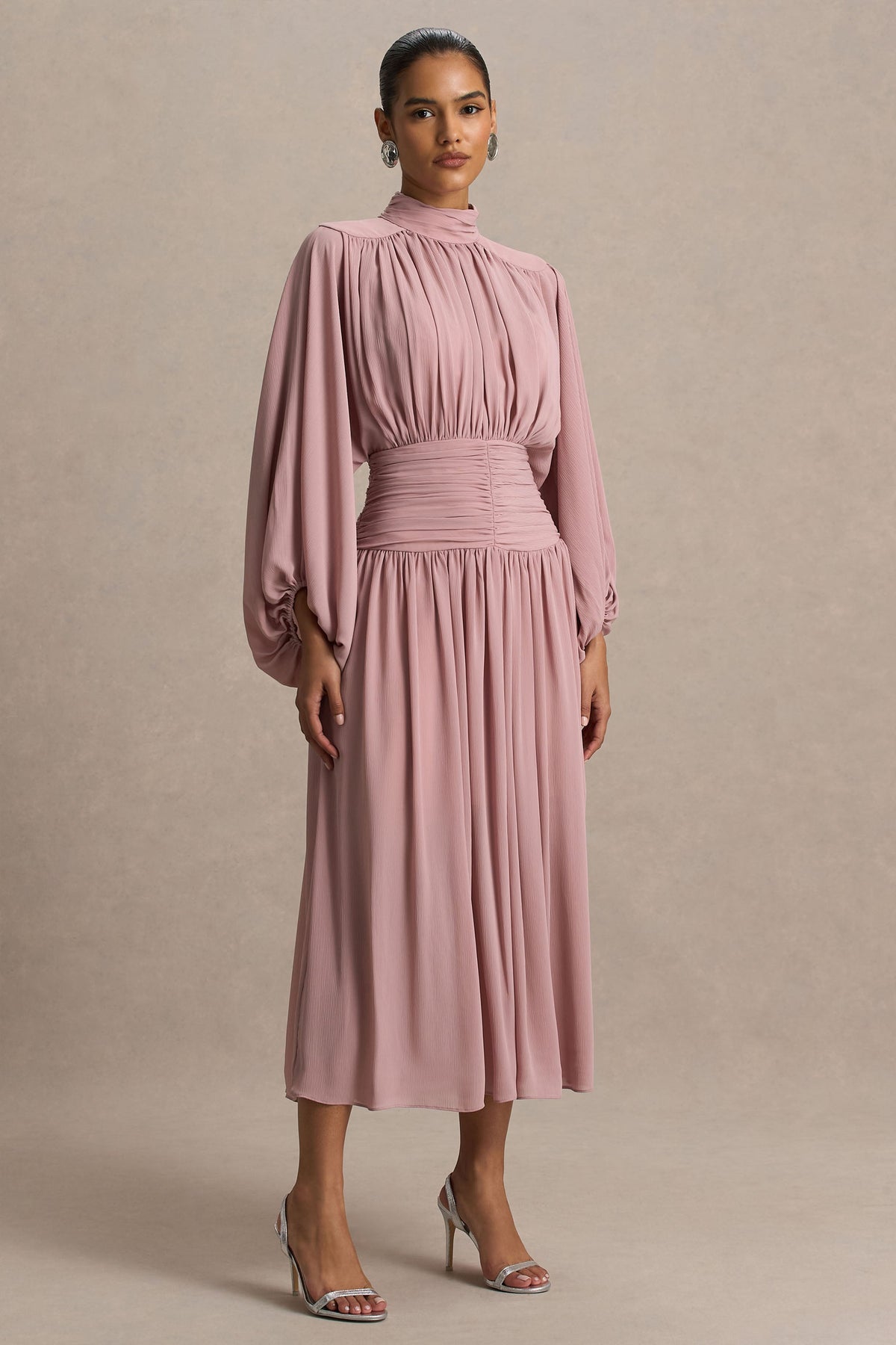 Annabel | Dusty Pink High-Neck Midi Dress With Drop-Waist And Pleated Detailing