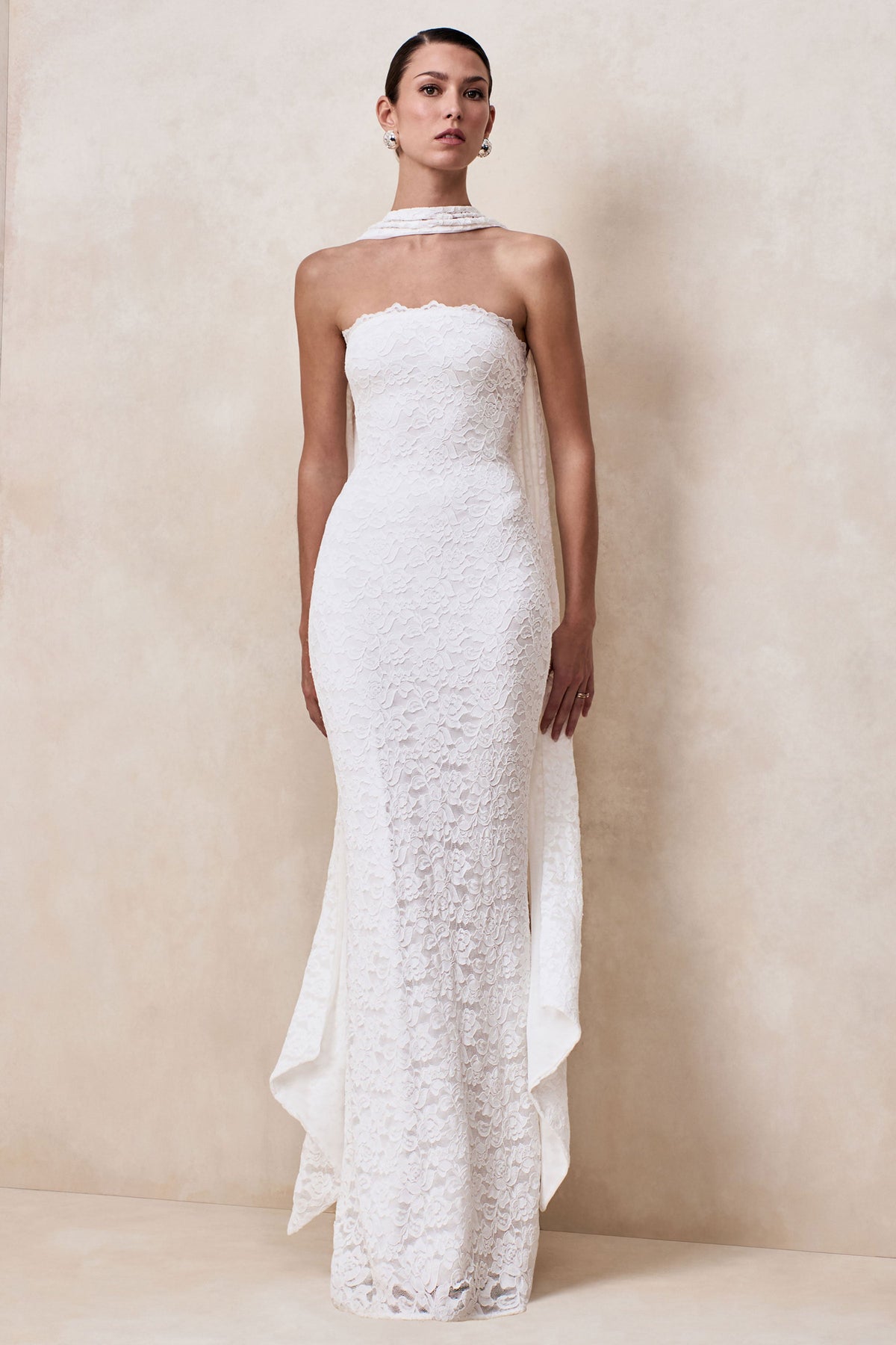 Massima | White Lace Bandeau Maxi Dress With Scarf Detail And Back Split