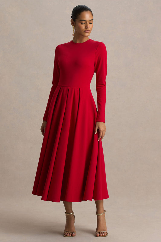 Bellamy | Red Crew-Neck Long-Sleeve Midi Dress