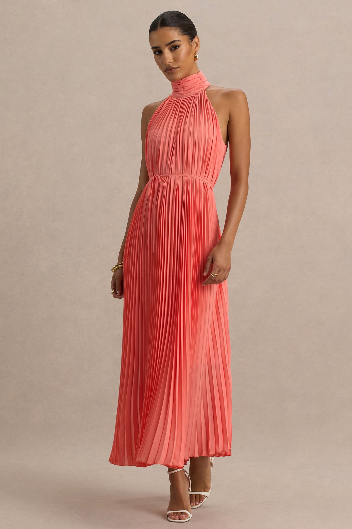 Tulip | Coral Pleated High-Neck Midi Dress