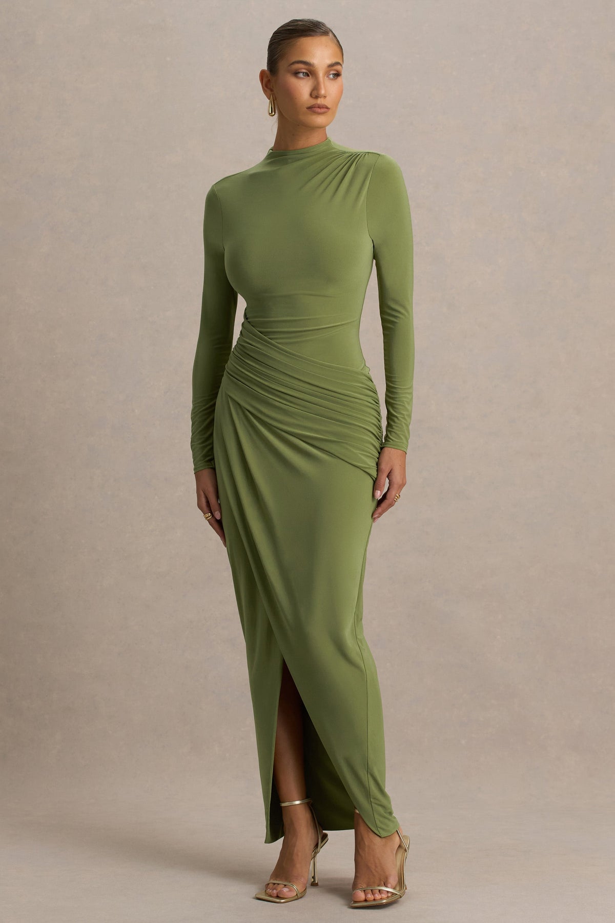 Zephyra | Olive High-Neck Wrapped Maxi Dress