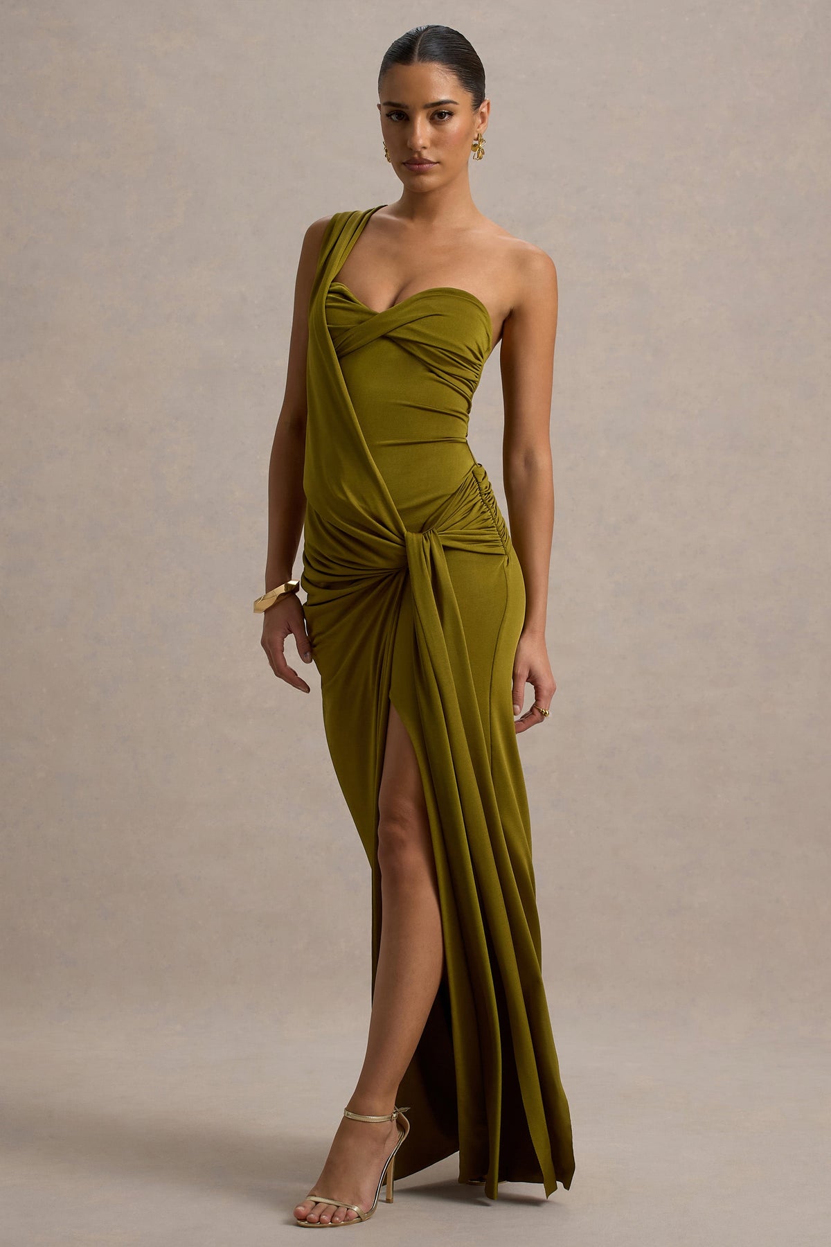 Erminia | Olive Green One-Shoulder Twist Wrap Maxi Dress